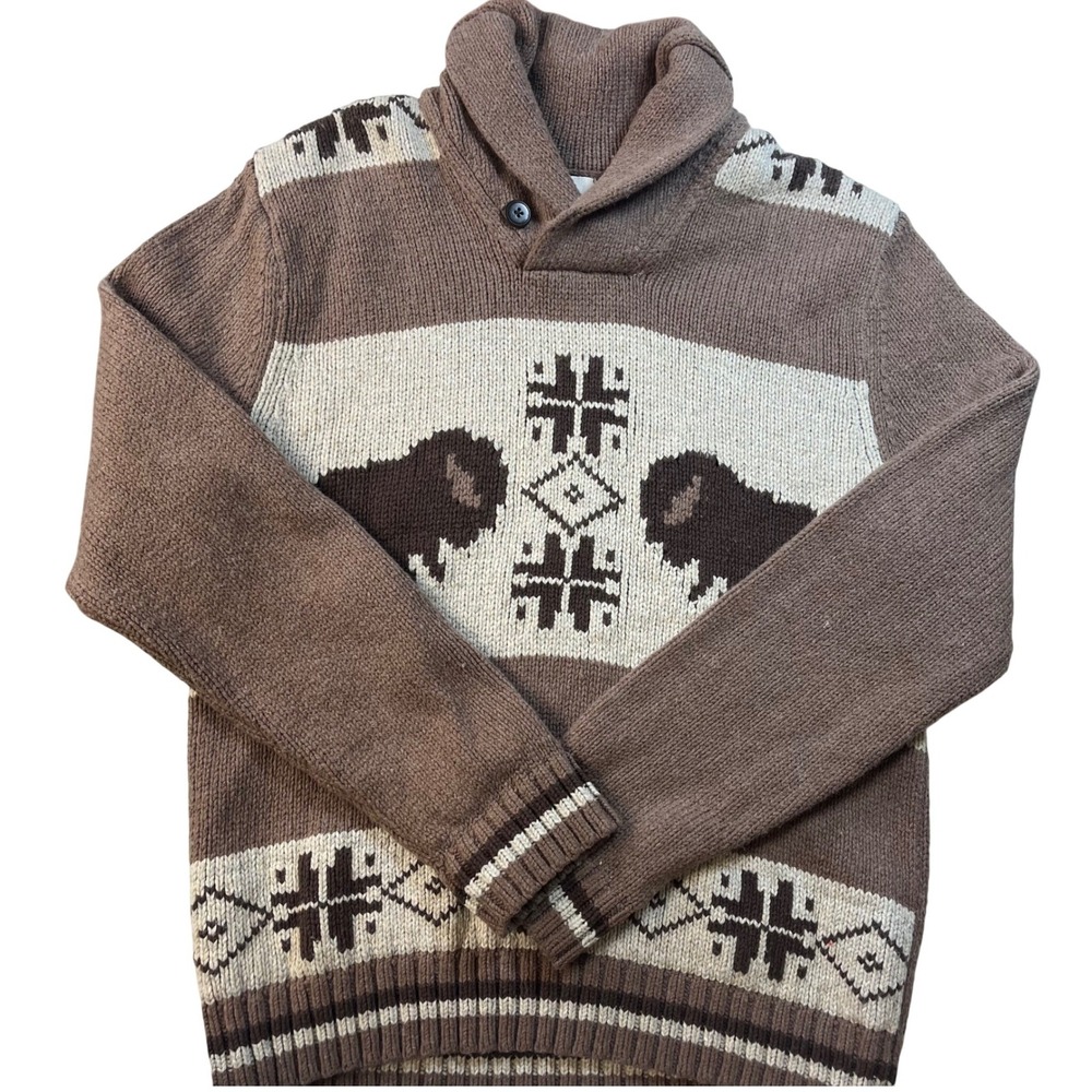 Lands End Canvas Mens Buffalo Shawl Collar Sweater Size M Fair Isle Aztec West